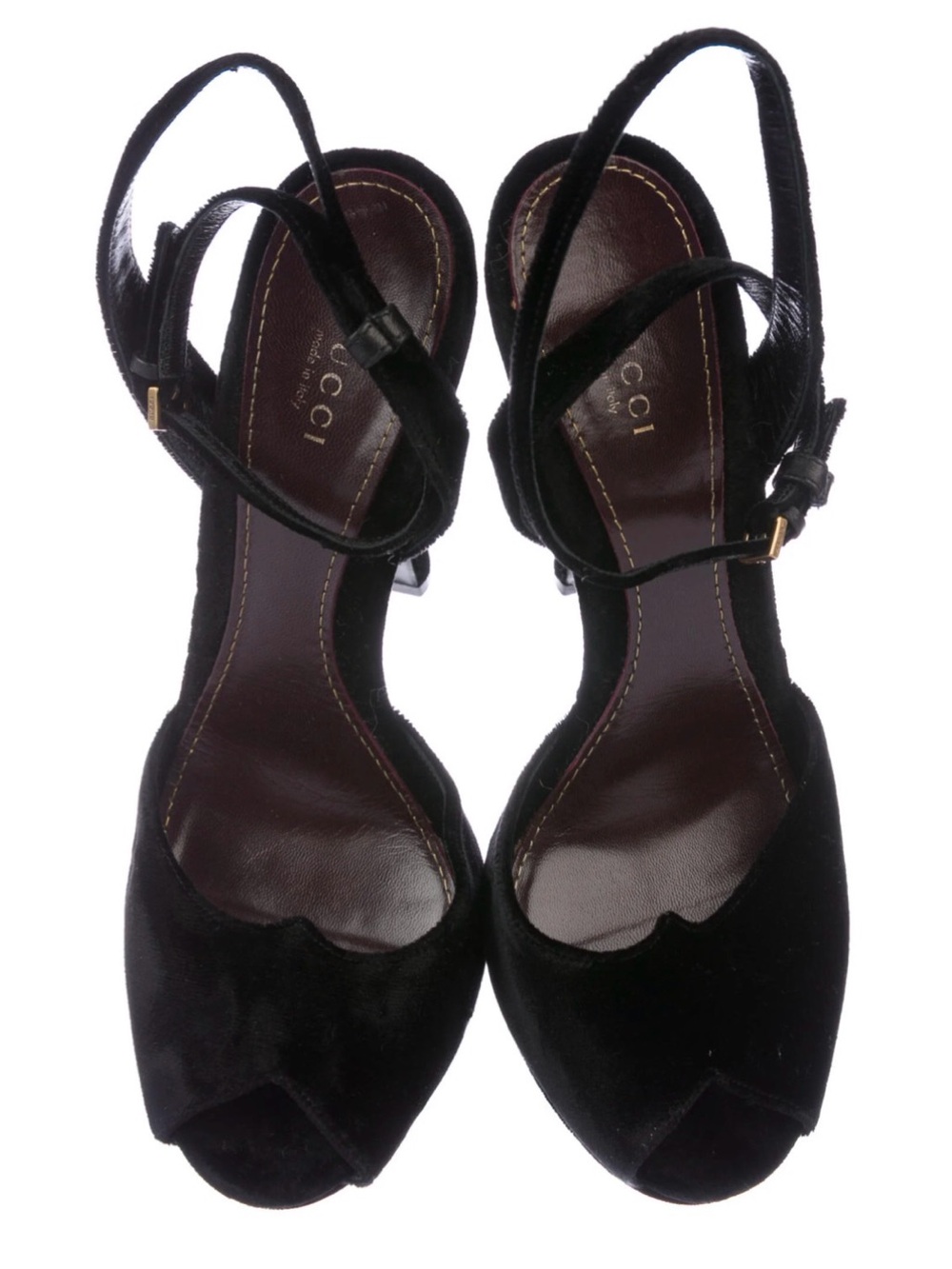 Gucci Black Velvet Leather Peep-Toe Ankle-Strap Heels